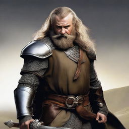 This is a high-resolution digital art image featuring a bearded hobbit knight