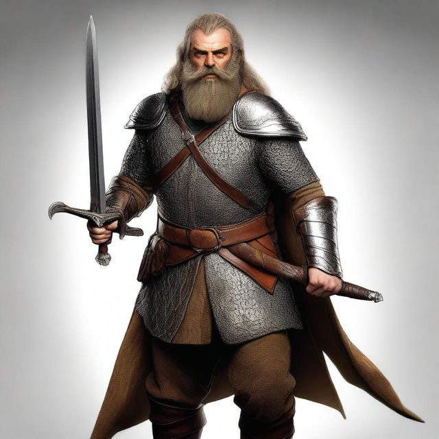 This is a high-resolution digital art image featuring a bearded hobbit knight