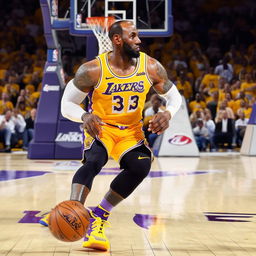 LeBron James in action, dressed in his Lakers gear, displaying his incredible athleticism by effortlessly dribbling an oversized brick instead of a basketball.