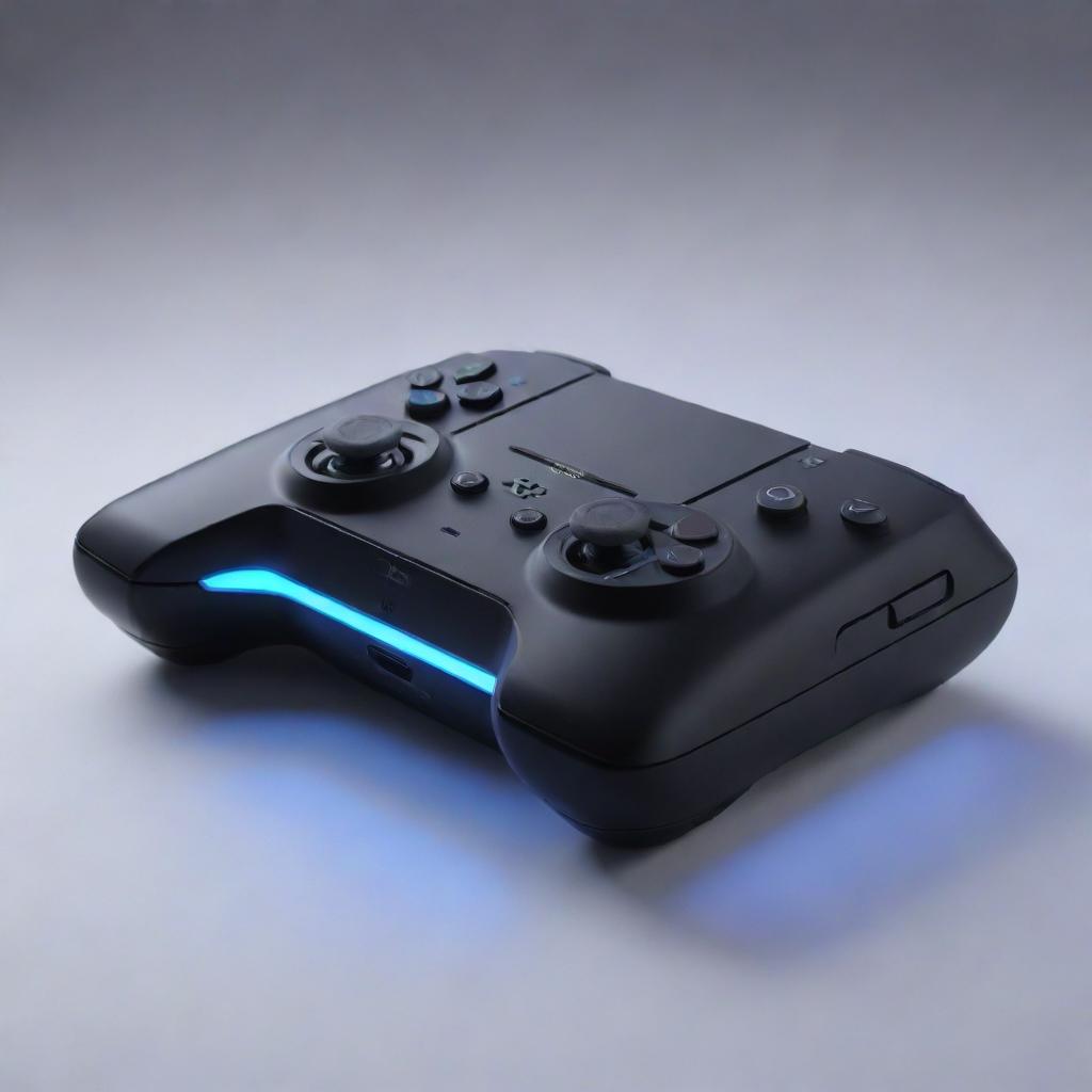 A sleek, futuristic game console with a stylish design reminiscent of the Playstation style, boldly labeled 'PS6'. Bright lights emanate from its surface, highlighting its cutting-edge features and impressive capabilities.