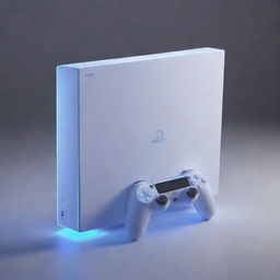 A sleek, cutting-edge game console labeled 'PS6', featuring modern aesthetics symbolizing the PlayStation design. Its surface glows with luminescent lights, amplifying its advanced features and capabilities.