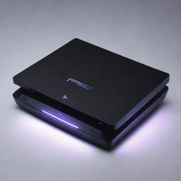 A sleek, cutting-edge game console labeled 'PS6', featuring modern aesthetics symbolizing the PlayStation design. Its surface glows with luminescent lights, amplifying its advanced features and capabilities.