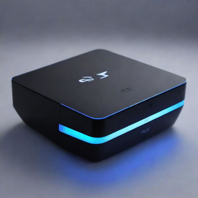 A sleek, cutting-edge game console labeled 'PS6', featuring modern aesthetics symbolizing the PlayStation design. Its surface glows with luminescent lights, amplifying its advanced features and capabilities.