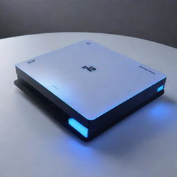 A sleek, cutting-edge game console labeled 'PS6', featuring modern aesthetics symbolizing the PlayStation design. Its surface glows with luminescent lights, amplifying its advanced features and capabilities.