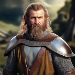 This is a photorealistic image depicting a bearded hobbit knight