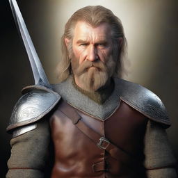 This is a photorealistic image depicting a bearded hobbit knight