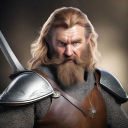 This is a photorealistic image depicting a bearded hobbit knight