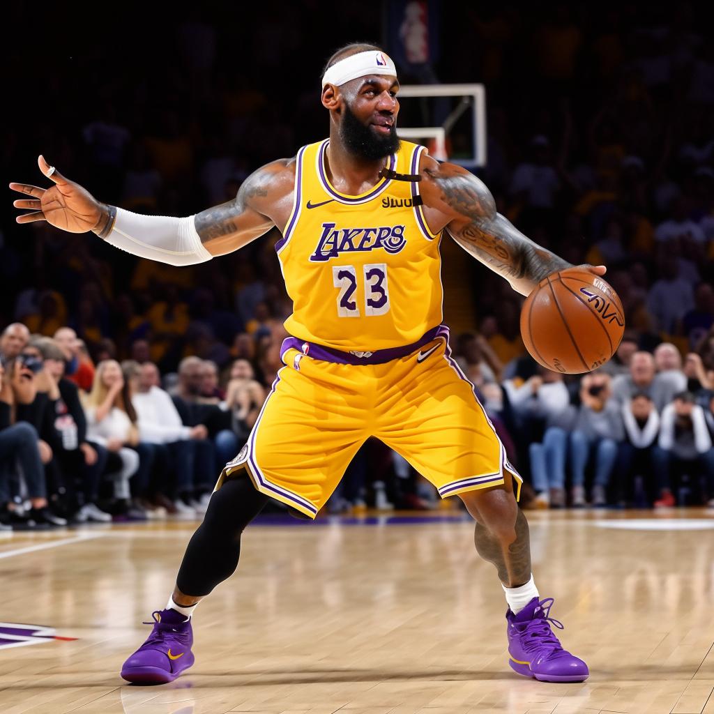 LeBron James in action, dressed in his Lakers gear, displaying his incredible athleticism by effortlessly dribbling an oversized brick instead of a basketball.