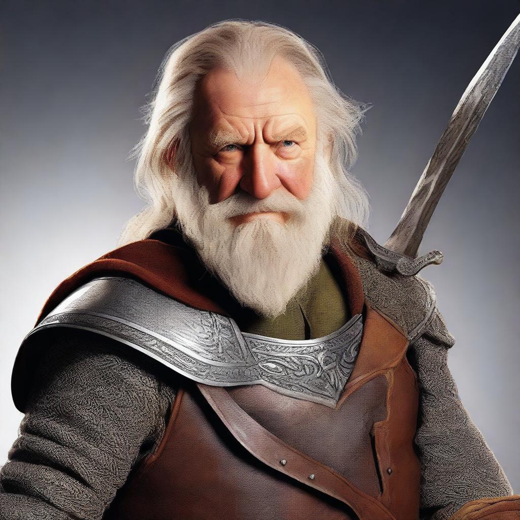 This is a photorealistic image featuring a middle-aged hobbit knight with a beard