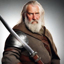 This is a photorealistic image featuring a middle-aged hobbit knight with a beard