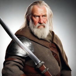 This is a photorealistic image featuring a middle-aged hobbit knight with a beard