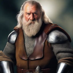 This is a photorealistic image featuring a middle-aged hobbit knight with a beard