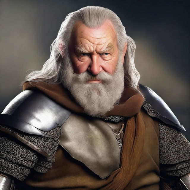 This is a photorealistic image featuring a middle-aged hobbit knight with a beard