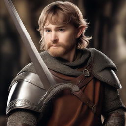 This image is a photorealistic digital art piece featuring a young adult hobbit knight