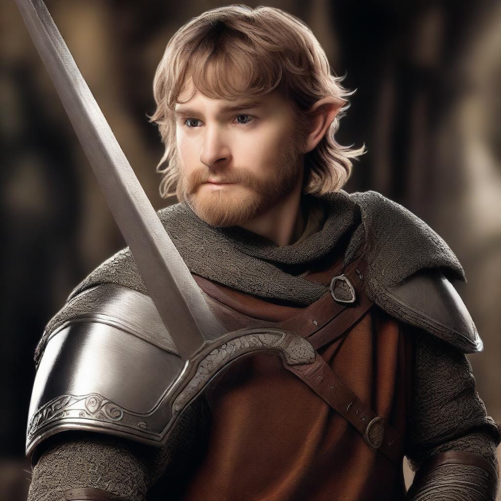 This image is a photorealistic digital art piece featuring a young adult hobbit knight