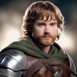 This image is a photorealistic digital art piece featuring a young adult hobbit knight