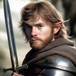 This image is a photorealistic digital art piece featuring a young adult hobbit knight