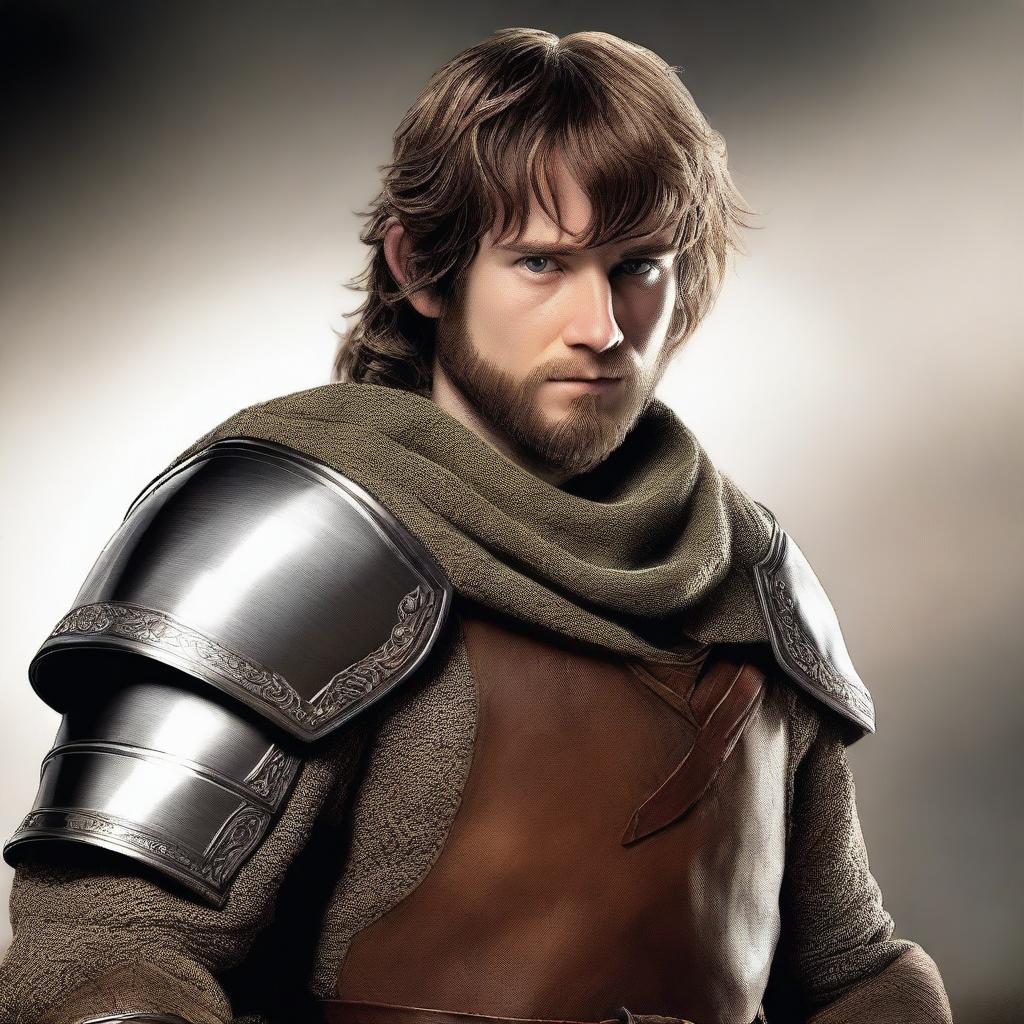 This image is a photorealistic digital art piece featuring a young adult hobbit knight