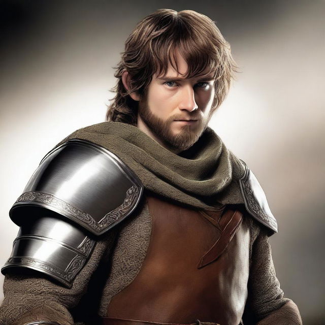 This image is a photorealistic digital art piece featuring a young adult hobbit knight