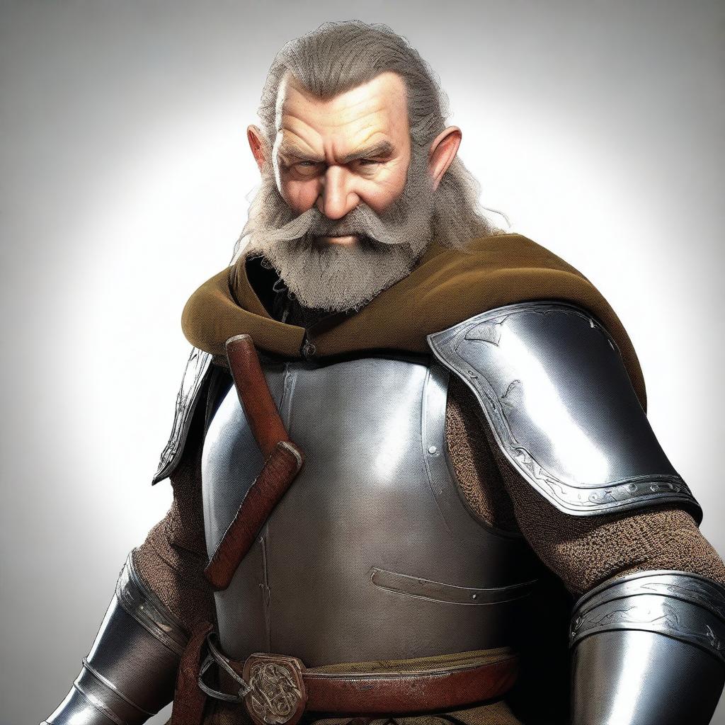 This is a photorealistic digital render of an adult hobbit knight