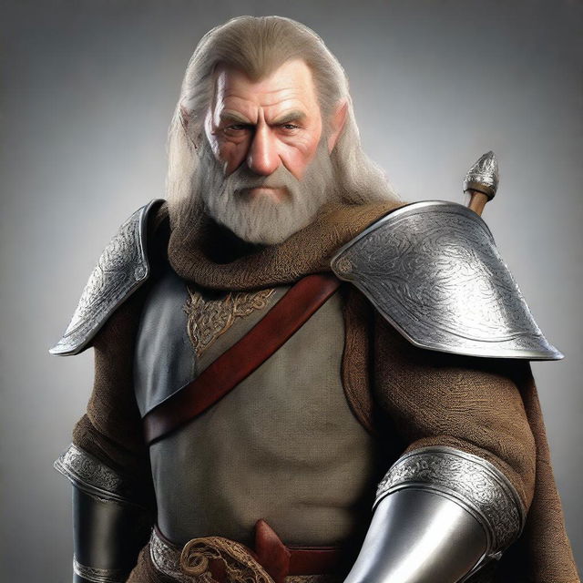 This is a photorealistic digital render of an adult hobbit knight