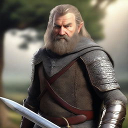 This is a photorealistic digital render of an adult hobbit knight