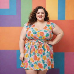 A cheerful, plus-sized girl wearing trendy clothes, standing confidently in a colorful, natural background