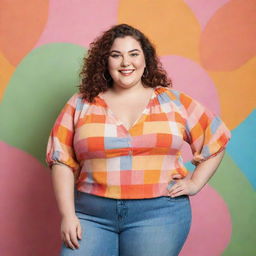 A cheerful, plus-sized girl wearing trendy clothes, standing confidently in a colorful, natural background