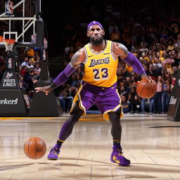 LeBron James in action, dressed in his Lakers gear, displaying his incredible athleticism by effortlessly dribbling an oversized brick instead of a basketball.