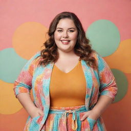 A cheerful, plus-sized girl wearing trendy clothes, standing confidently in a colorful, natural background