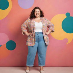 A cheerful, plus-sized girl wearing trendy clothes, standing confidently in a colorful, natural background