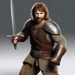 This is a photorealistic digital render of a brown-haired hobbit knight