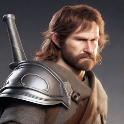 This is a photorealistic digital render of a brown-haired hobbit knight