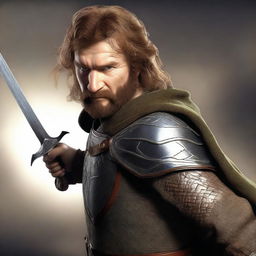 This is a photorealistic digital render of a brown-haired hobbit knight