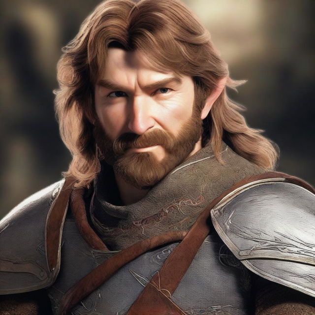 This is a photorealistic digital render of a brown-haired hobbit knight