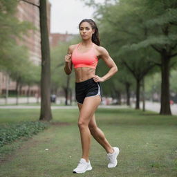 An athletic girl with muscular thighs poised in running gear in a city park setting