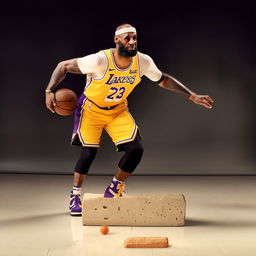 LeBron James in action, dressed in his Lakers gear, displaying his incredible athleticism by effortlessly dribbling an oversized brick instead of a basketball.