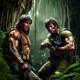 Detailed depiction of a tense standoff between characters Rambo and Commando, highlighting their rugged fierce looks, muscular bodies, action outfits, and heavy weaponry in a dense jungle setting.