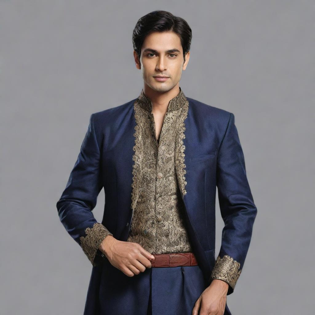 Illustrate the hero from the 'Janat Kay Pattay' novel, embodying his key attributes and signature outfit.