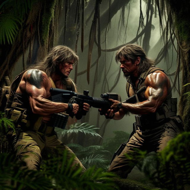 Detailed depiction of a tense standoff between characters Rambo and Commando, highlighting their rugged fierce looks, muscular bodies, action outfits, and heavy weaponry in a dense jungle setting.