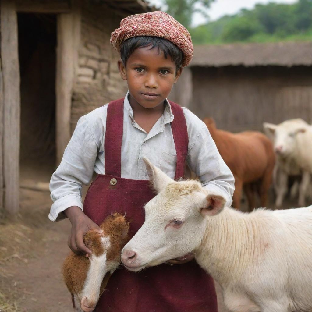 A humble village boy in folk attire, with deep care on his face, lovingly tending to various farm animals in a rustic setting.