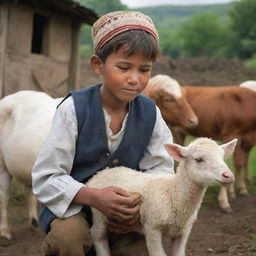 A humble village boy in folk attire, with deep care on his face, lovingly tending to various farm animals in a rustic setting.