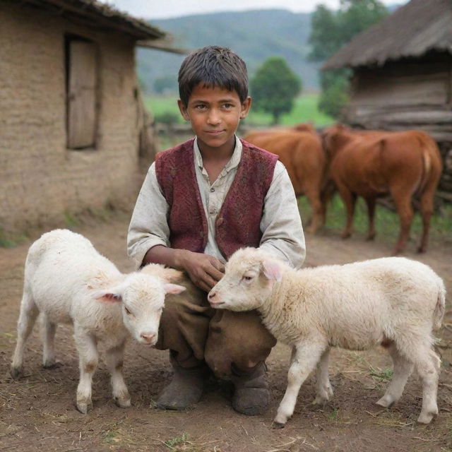 A humble village boy in folk attire, with deep care on his face, lovingly tending to various farm animals in a rustic setting.