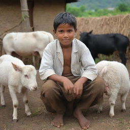 A humble village boy in folk attire, with deep care on his face, lovingly tending to various farm animals in a rustic setting.