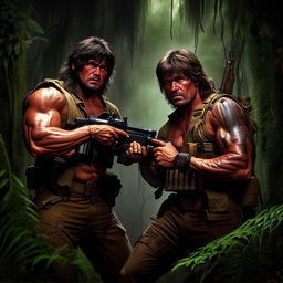 Detailed depiction of a tense standoff between characters Rambo and Commando, highlighting their rugged fierce looks, muscular bodies, action outfits, and heavy weaponry in a dense jungle setting.