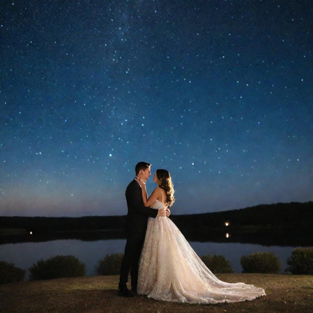 An elegant couple sharing a romantic moment under the shimmering star-filled night sky.