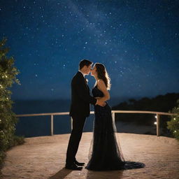 An elegant couple sharing a romantic moment under the shimmering star-filled night sky.