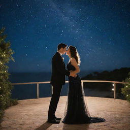 An elegant couple sharing a romantic moment under the shimmering star-filled night sky.