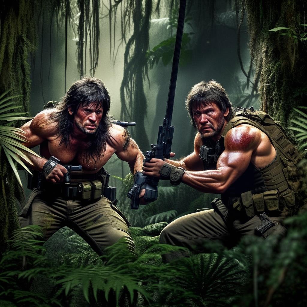 Detailed depiction of a tense standoff between characters Rambo and Commando, highlighting their rugged fierce looks, muscular bodies, action outfits, and heavy weaponry in a dense jungle setting.