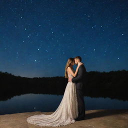 An elegant couple sharing a romantic moment under the shimmering star-filled night sky.